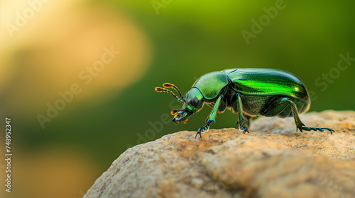 Besouro verde em uma pedra no jardim. Fotografia macro de inseto. photo