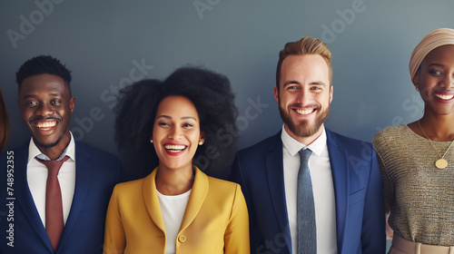 Grupo de diversos empresários juntos em uma fileira e sorrindo para a câmera photo