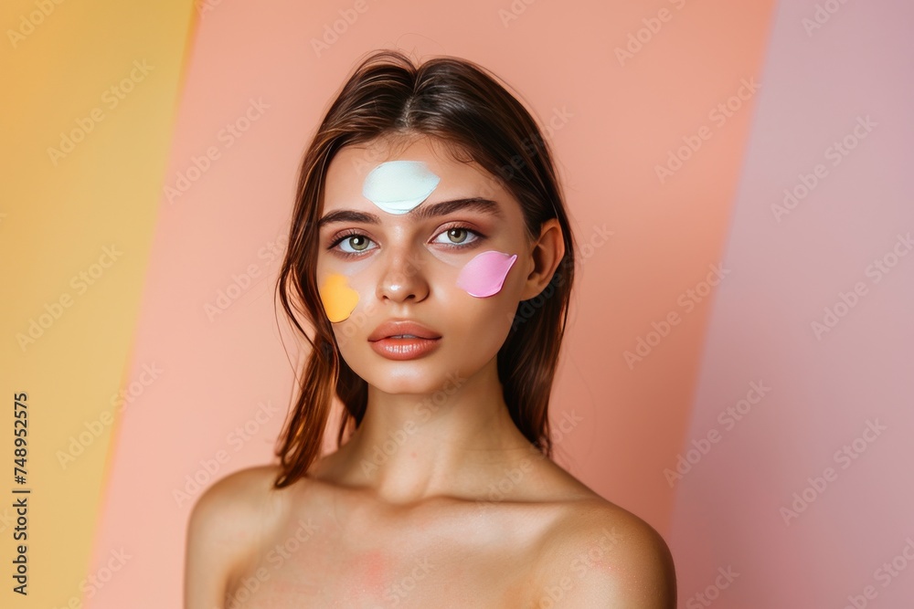 Obraz premium Face Skin tone protectors skin care cream. Skincare beauty cosmetic products: lip balm, AM skincare lotion, skincare Tigernut milk eye gel, Volumizing mousse serum and master bathroom jar pot