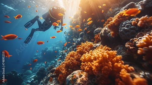 Scuba diver exploring coral reef with marine organisms underwater © yuchen