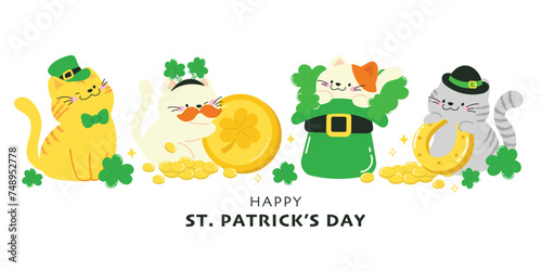 Happy St.Patrick's day hand drawn background vector. Cute cats wallpaper of cat in costume, hat, shamrock, green clover leaf, gold coin Lucky symbol illustration for clipart, sticker, card, banner.