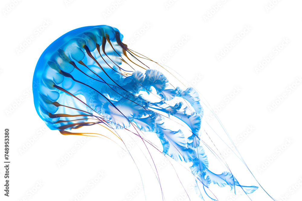 Blue Jellyfish with Delicate Tentacles Floating on White Background
