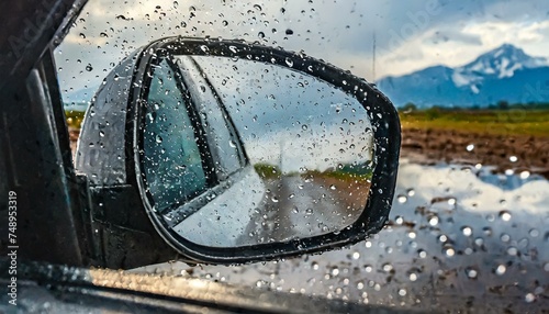 pluie de l'eau sur le reflet du pare-brise dans le miroir de voiture et l'eau goutte d'eau