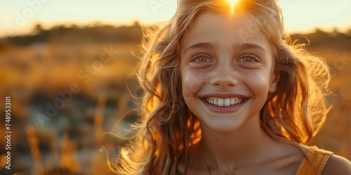 Laughing girl in sunset light - A heartwarming image of a laughing girl basked in golden sunset light, capturing youth and happiness