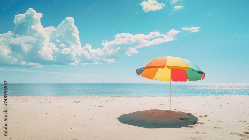 Colorful beach umbrella on sunny shore - A vibrant beach umbrella stands under a bright blue sky on a sunlit sandy beach, evoking feelings of relaxation and summer joy