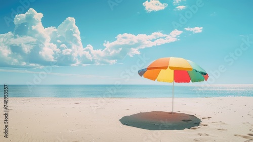 Colorful beach umbrella on sunny shore - A vibrant beach umbrella stands under a bright blue sky on a sunlit sandy beach, evoking feelings of relaxation and summer joy