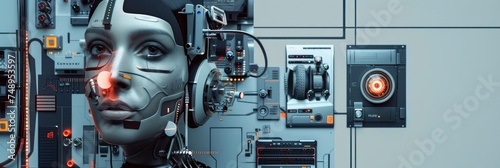 Female cyborg head with exposed machinery - A highly detailed image of a female android's head, showcasing futuristic cybernetic implants and complex wiring against a panel of machinery photo