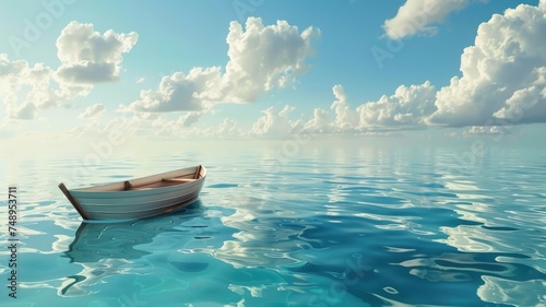Solo boat on peaceful ocean - A single boat floats on a pristine blue ocean under a sky dotted with clouds symbolizing solitude © Tida