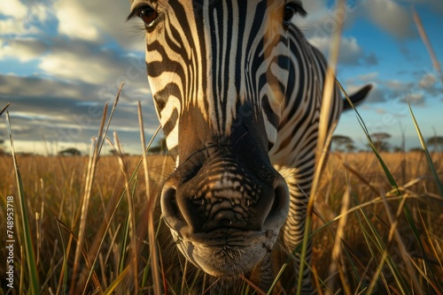 Zebra with face close to the camera - Captivating photo of a zebra's face close up with wide eyes among golden grasses at dusk photo