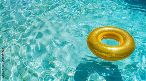 Bright yellow float in the crystal clear water surface of a swimming pool. holiday and summer vacation concept.