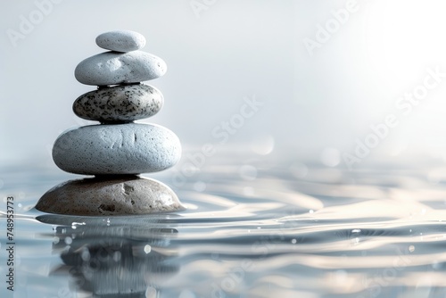 Zen stones stacked on water surface - A serene stack of smoothed stones sits atop a tranquil water surface  symbolizing balance and peace