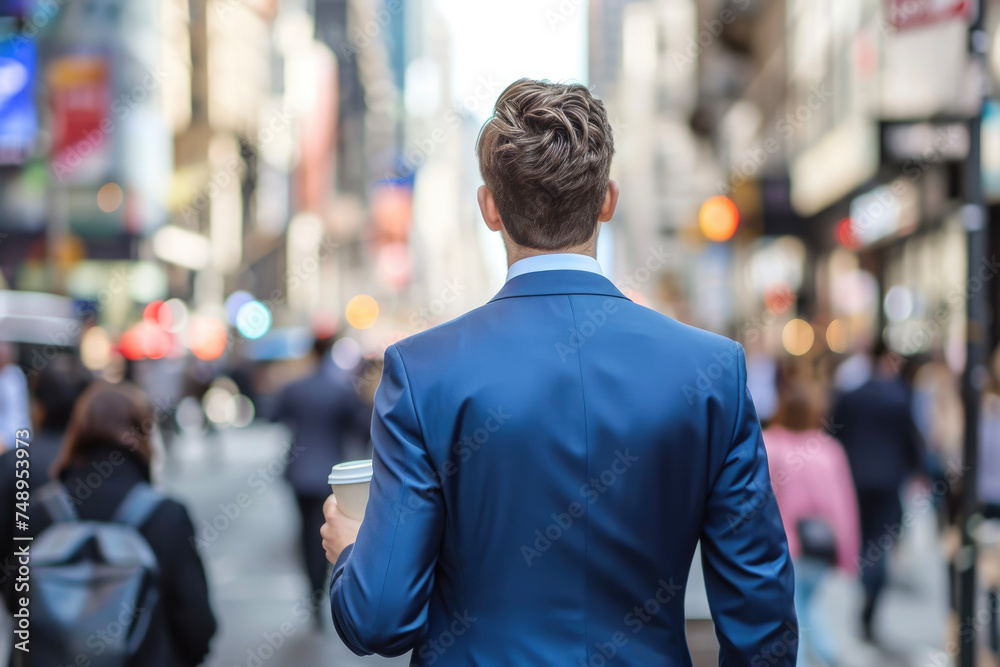 A businessman in a blue suit walking down a crowded city sidewalk with a coffee cup in hand.