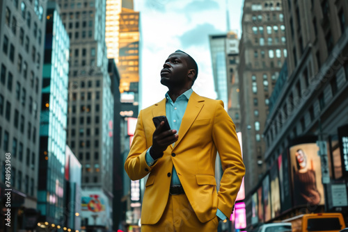 A businessman in a yellow suit standing on a street corner with a cell phone in hand and looking up at the sky