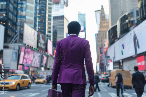 A businessman in a purple suit walking down a busy city street with a laptop bag in hand
