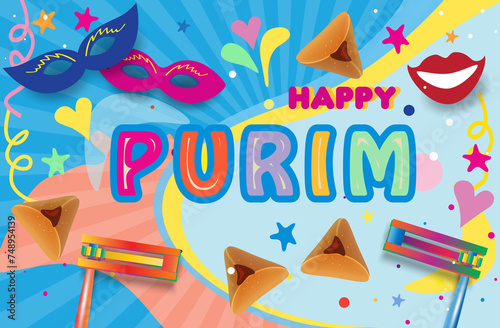 Happy Purim! translate from Hebrew, Jewish holiday Purim carnival festival kids event decoration with traditional symbols isolated mask, noisemaker grogger, ratchet, Hamantaschen cookies, masque gifts
