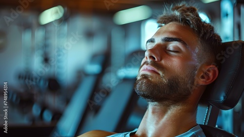 Resting man in sportswear with closed eyes after a workout. Concept Fitness, Recovery, Relaxation, Sportswear, Post-Workout