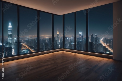 Empty room in a skyscraper with a view of the night city. Expensive property with a beautiful view.