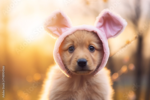 Dog puppy wearing funny large Easter bunny ears hat