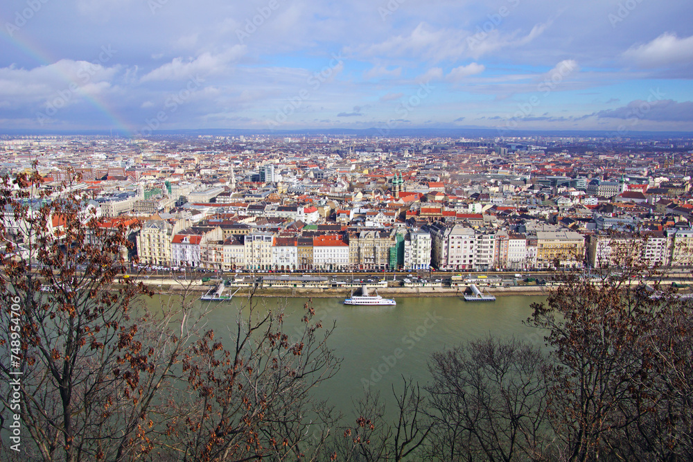 Danube River City Panorama From Citadella in Budapest, Hungary.