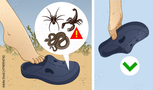 The danger of insects hidden in shoes. Risk of being stung. Risk of being bitten. Healthcare illustration. Vector illustration.