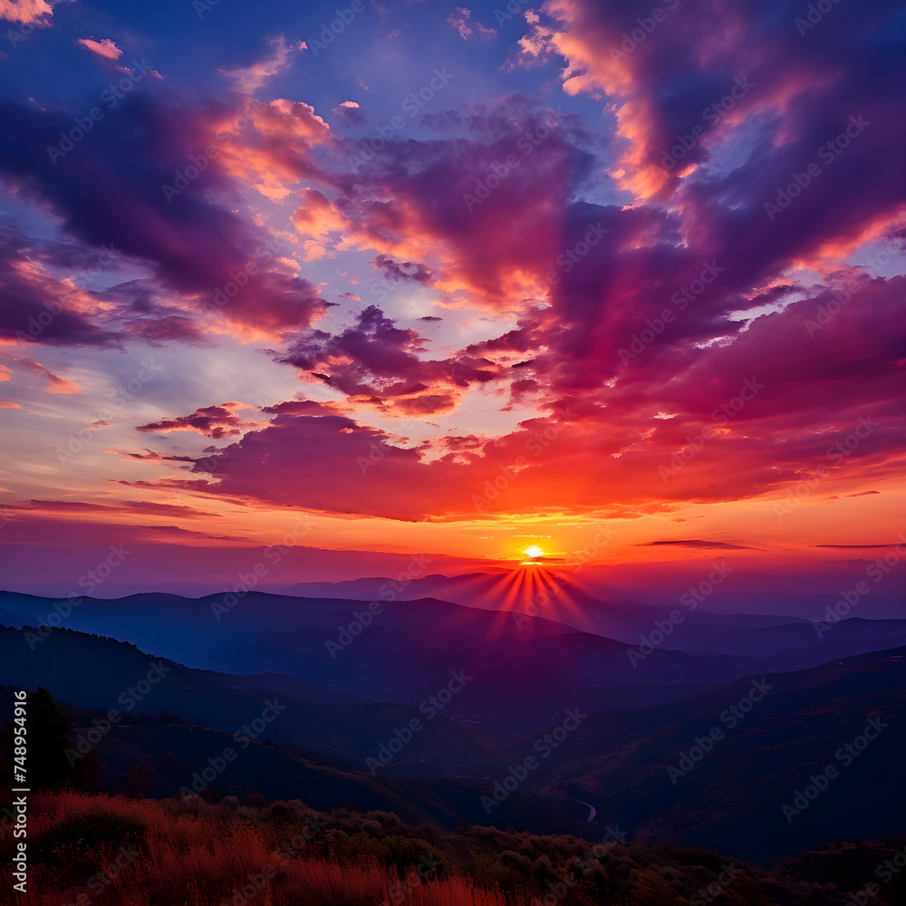 Epic Sunrise/Sunset Scene Displaying Radiant Sky Colors Over Low-Lying Hills.