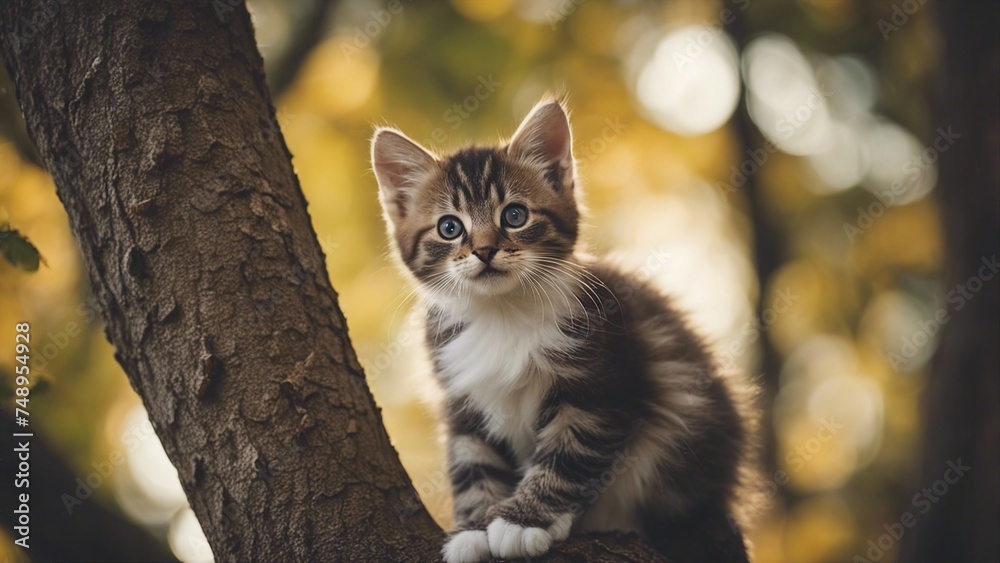 portrait of a cat Kitten sits on a tree portrait of a cat Kitten sits on a tree