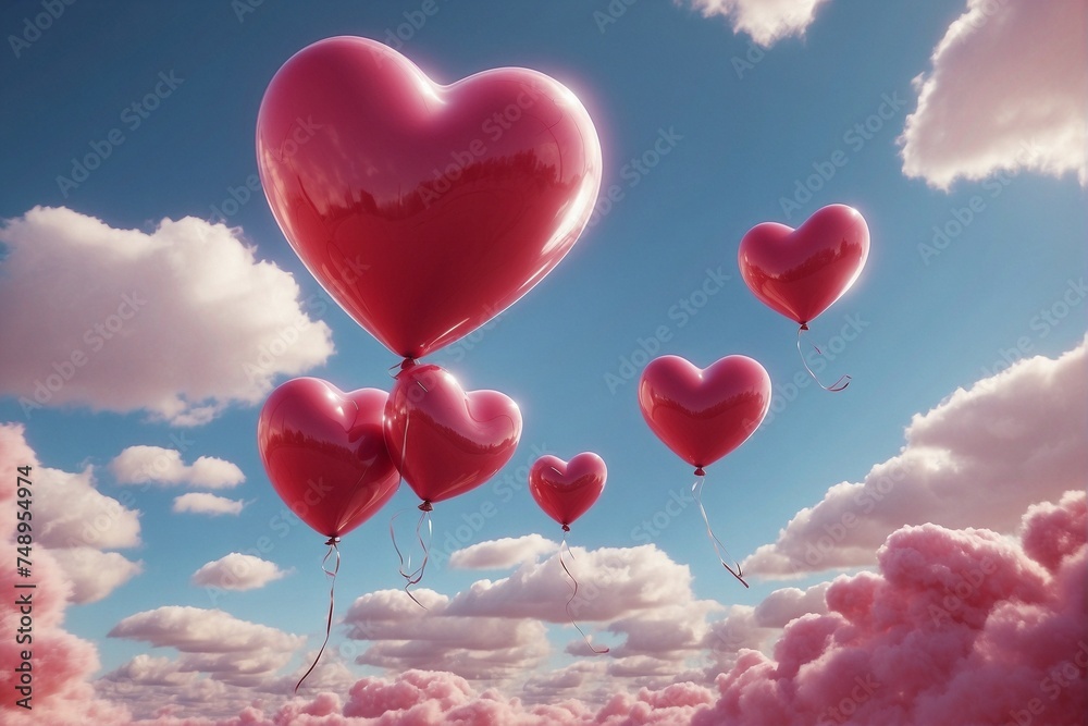 Heart-shaped helium balloon floating in the sky, pink-red color palette, Valentine's Day