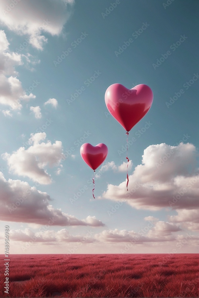 Fototapeta premium Heart-shaped helium balloon floating in the sky, pink-red color palette, Valentine's Day