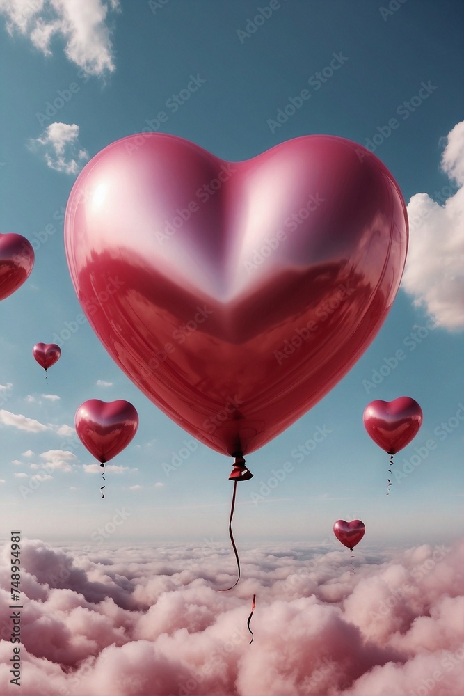 Heart-shaped helium balloon floating in the sky, pink-red color palette, Valentine's Day