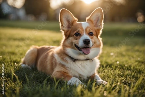 Dog on the Lawn. Cute Corgi Puppy