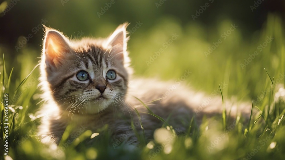 cat on grass An inquisitive kitten with bright, curious eyes, calling out to its mother from a bed of soft grass 