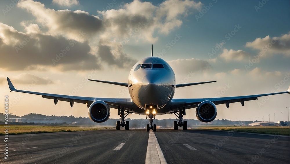 An airplane taking off from an airport runway An airplane taking off from an airport runway