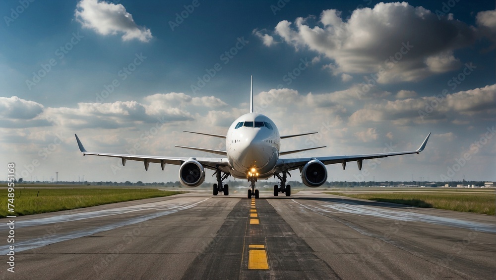 Obraz premium An airplane taking off from an airport runway