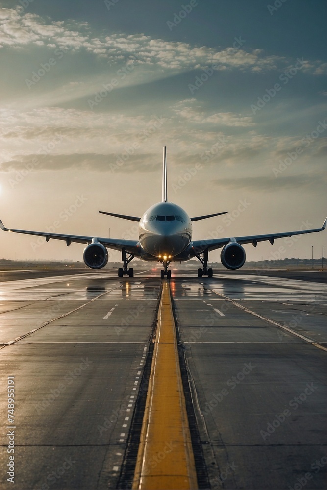 An airplane taking off from an airport runway