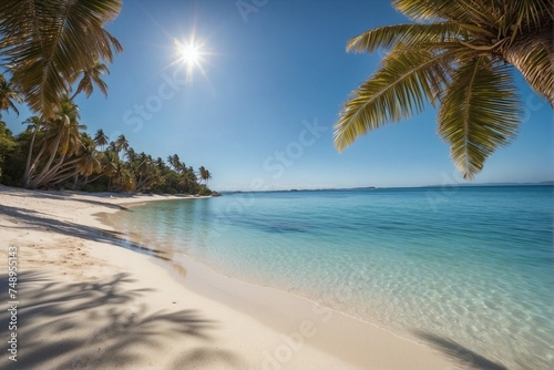 White sandy beach with azure blue water and palm trees © alexx_60
