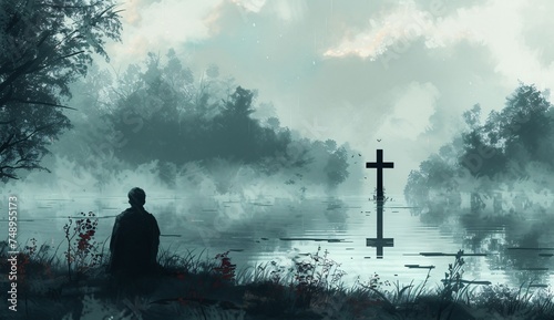 a man sitting in front of a cross in a lake