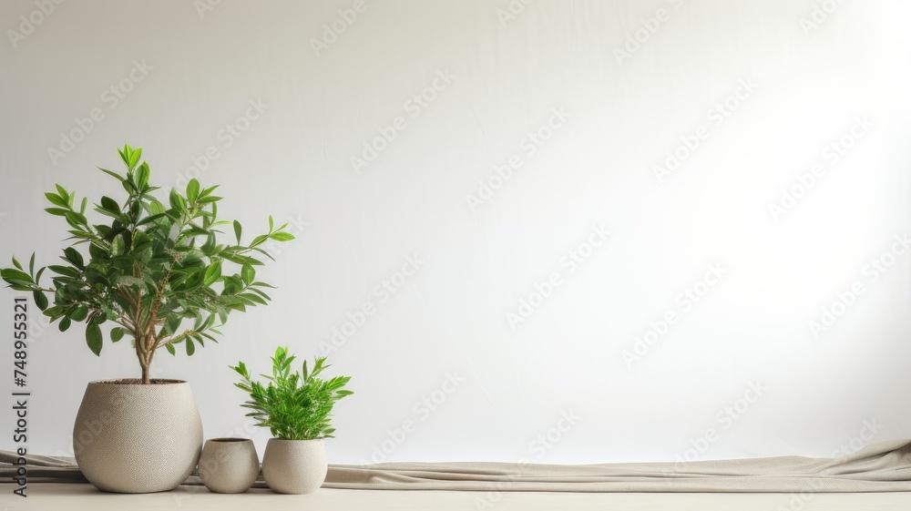 Minimalistic plant pots on wooden table - A minimalistic setup of two small potted plants on a wooden surface over a neutral background, symbolizing growth and freshness