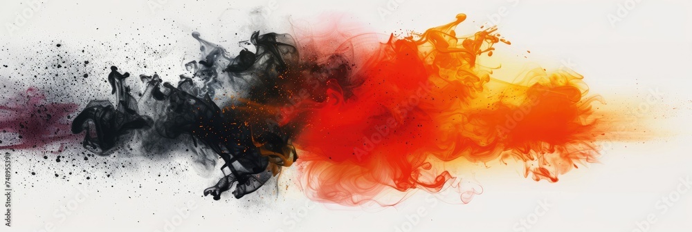 Abstract black and red smoke art design - An abstract design featuring black and red smoke intertwining against a white backdrop expressing chaos - obrazy, fototapety, plakaty 
