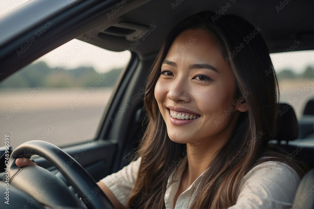 Happy smiling Asian beginner driver behind the wheel of a car Happy smiling Asian beginner driver behind the wheel of a car