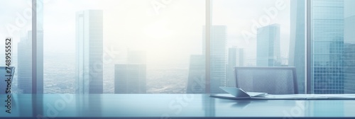 Modern office with a view of skyscrapers through glass windows on a foggy day., banner with copy space