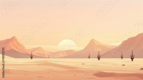 Desert landscape with cacti at sunset - Beautiful serene desert scene with cacti silhouettes and mountains against a warm sunset sky, depicting stillness and vastness