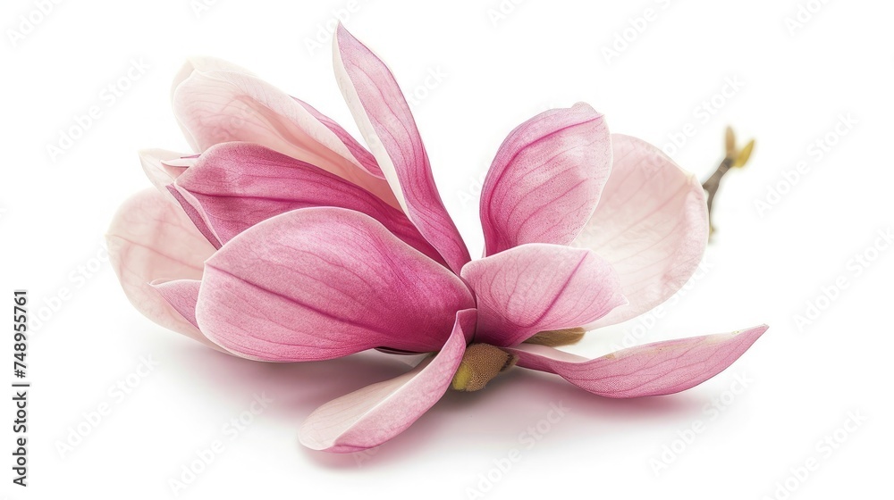 Pink magnolia flower isolated on white background with full depth of field