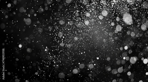 Texture of rain and fog on a black background overlay effect, Abstract splashes of Rain and Snow Overlay Freeze motion of white particles on black background