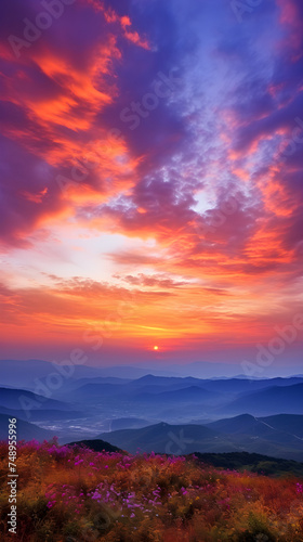 Epic Sunrise/Sunset Scene Displaying Radiant Sky Colors Over Low-Lying Hills.