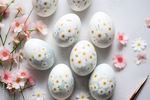 White and blue Easter eggs painted with beautiful delicate flowers
