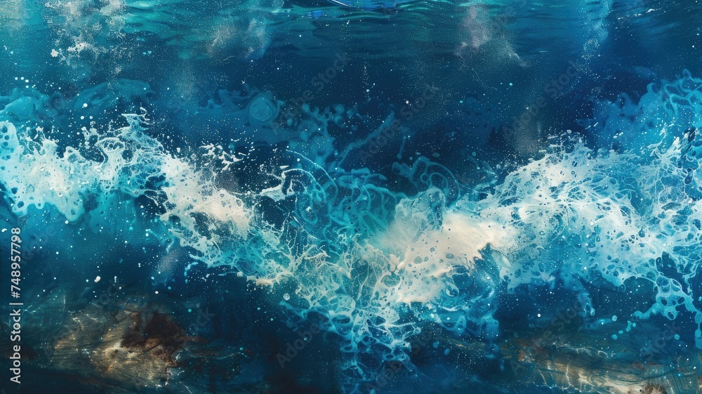Fototapeta premium Abstract ocean waves in vibrant blue hues - Captivating high-resolution image showcasing the dynamic movement of ocean waves in various shades of blue and white, giving a sense of tranquility and powe