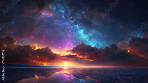 Fantasy alien planet. Mountains and lakes. colorful interstellar