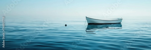 Lonely rowboat on a tranquil water surface - A solitary rowboat gently bobs on a placid water surface, evoking feelings of solitude and introspection in a vast open space