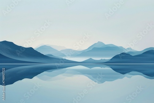 Tranquil mountain lake digital art - A digital art piece depicting layers of calm mountains in varying shades of blue mirrored on a tranquil lake