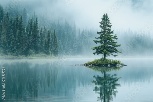 Majestic tree on a foggy lake island - A lone tree stands on a small island in the midst of a foggy, serene lake surrounded by a forest celebrating the splendor of untouched nature